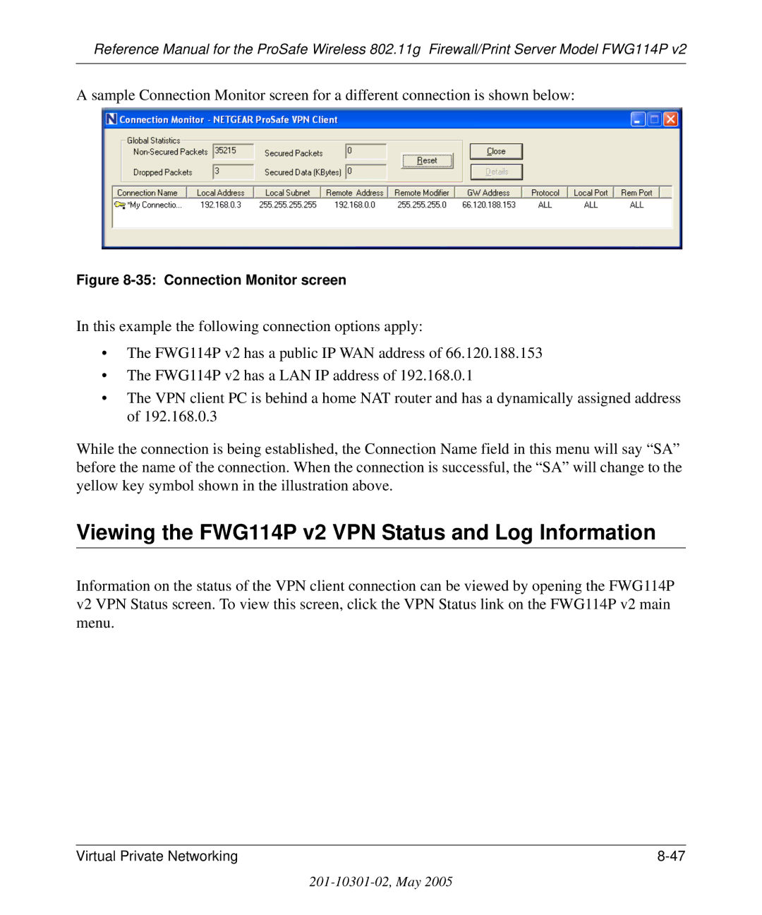 NETGEAR manual Viewing the FWG114P v2 VPN Status and Log Information, Connection Monitor screen 