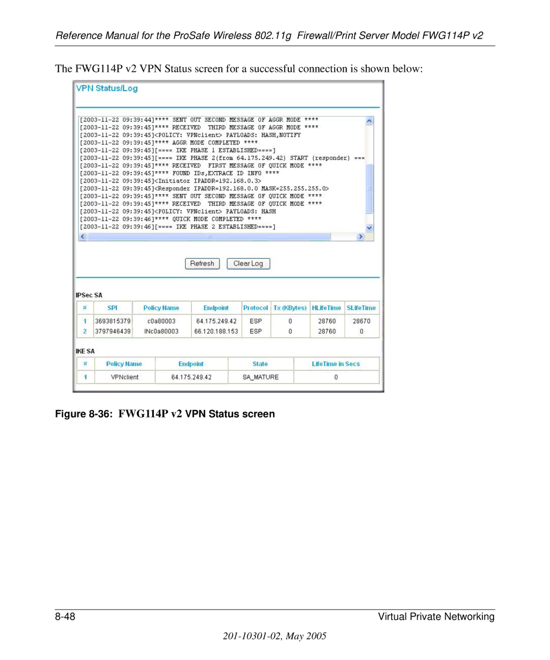 NETGEAR manual 36 FWG114P v2 VPN Status screen 