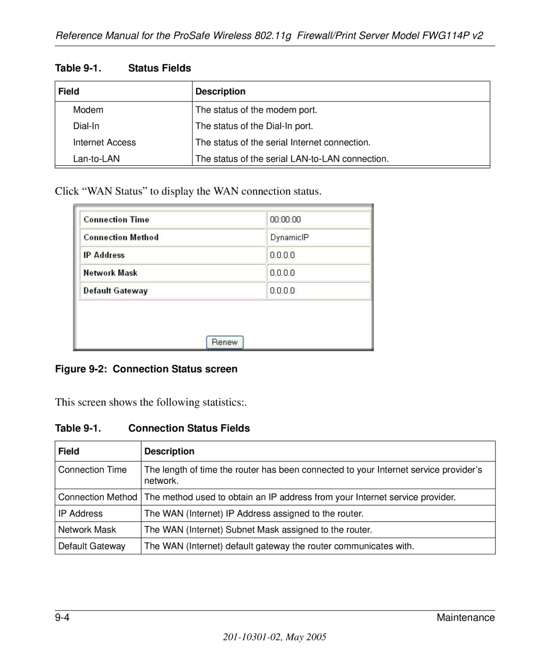 NETGEAR FWG114P v2 manual Click WAN Status to display the WAN connection status, This screen shows the following statistics 