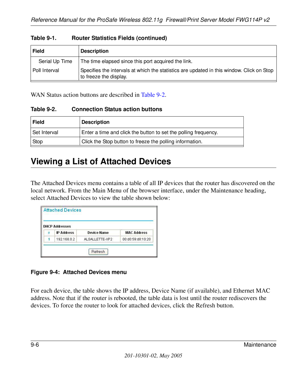 NETGEAR FWG114P v2 manual Viewing a List of Attached Devices, WAN Status action buttons are described in Table 