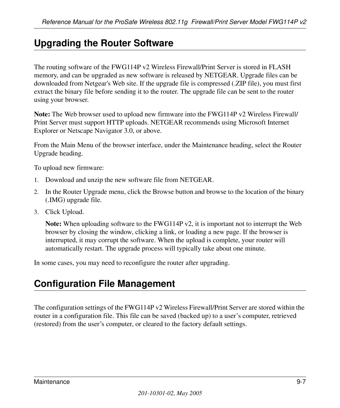 NETGEAR FWG114P v2 manual Upgrading the Router Software, Configuration File Management 