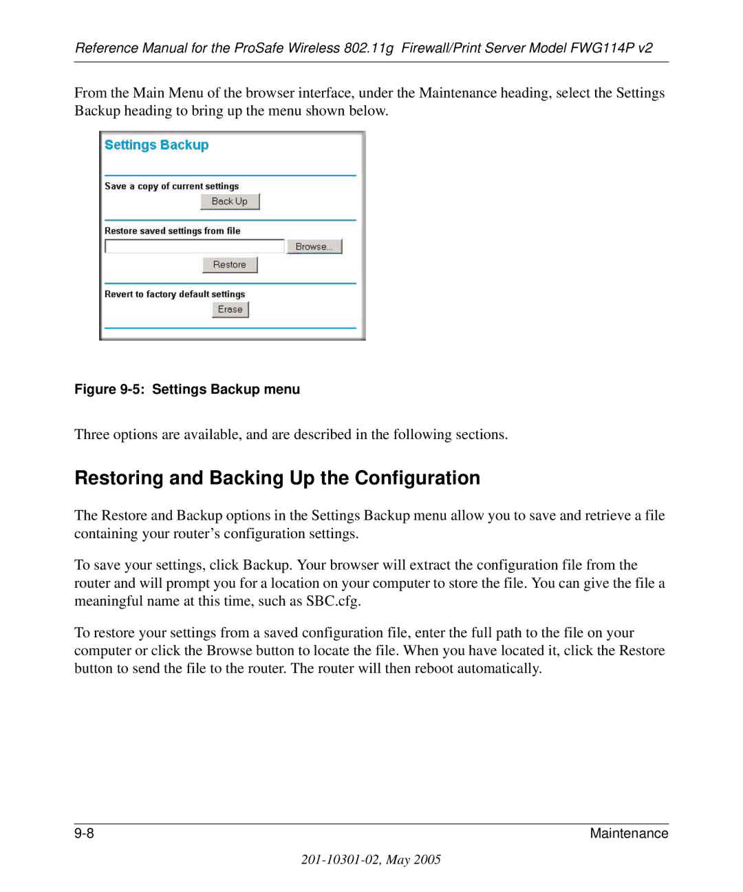 NETGEAR FWG114P v2 manual Restoring and Backing Up the Configuration, Settings Backup menu 