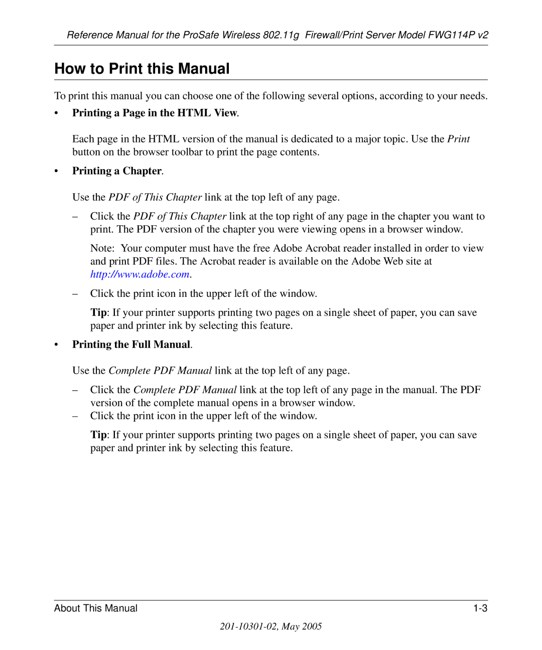 NETGEAR FWG114P v2 manual How to Print this Manual, Printing a Page in the Html View, Printing a Chapter 