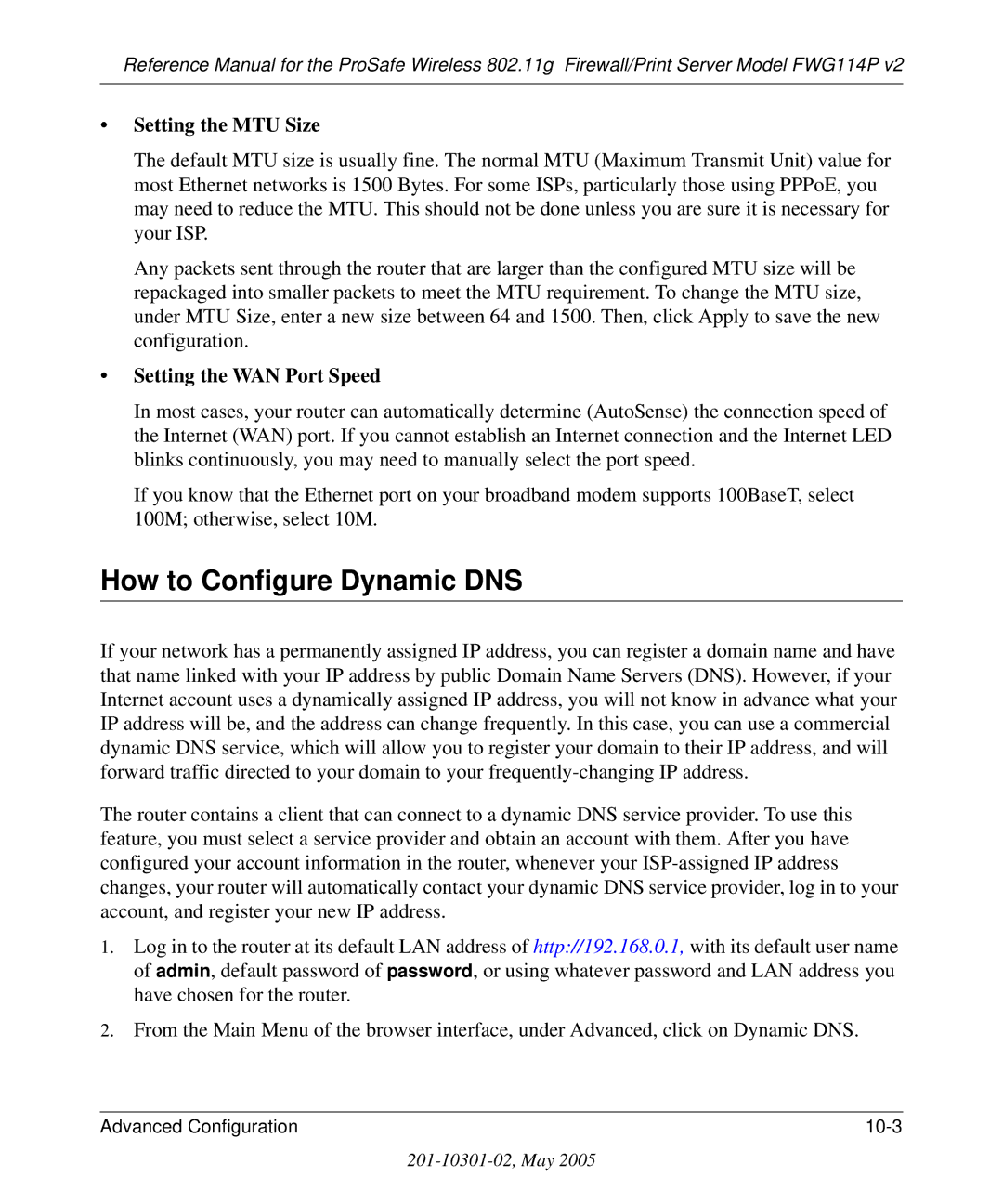 NETGEAR FWG114P v2 manual How to Configure Dynamic DNS, Setting the MTU Size, Setting the WAN Port Speed 