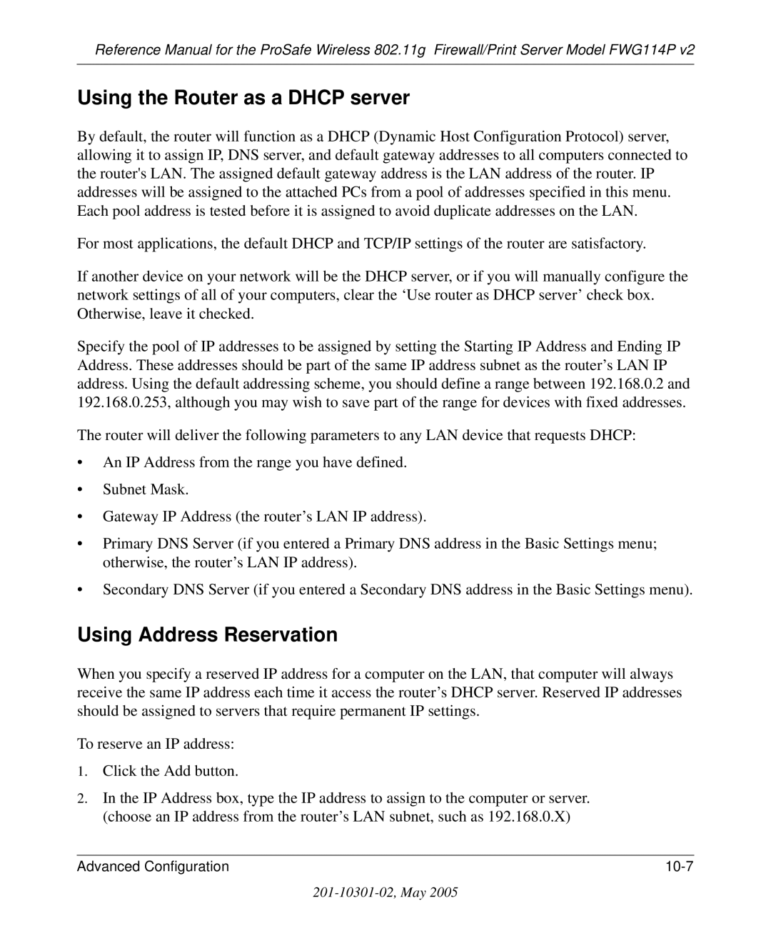 NETGEAR FWG114P v2 manual Using the Router as a Dhcp server, Using Address Reservation 