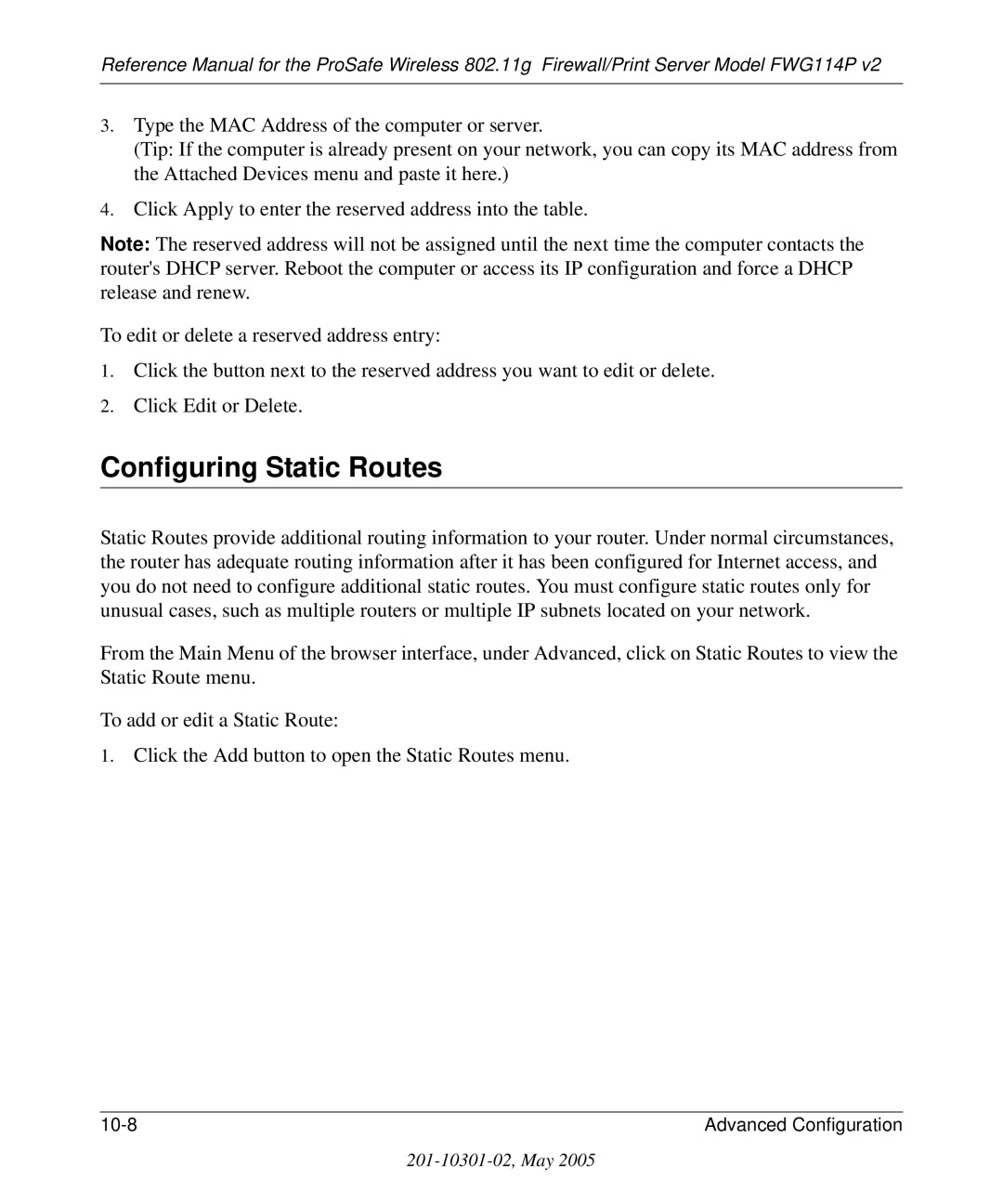 NETGEAR FWG114P v2 manual Configuring Static Routes 