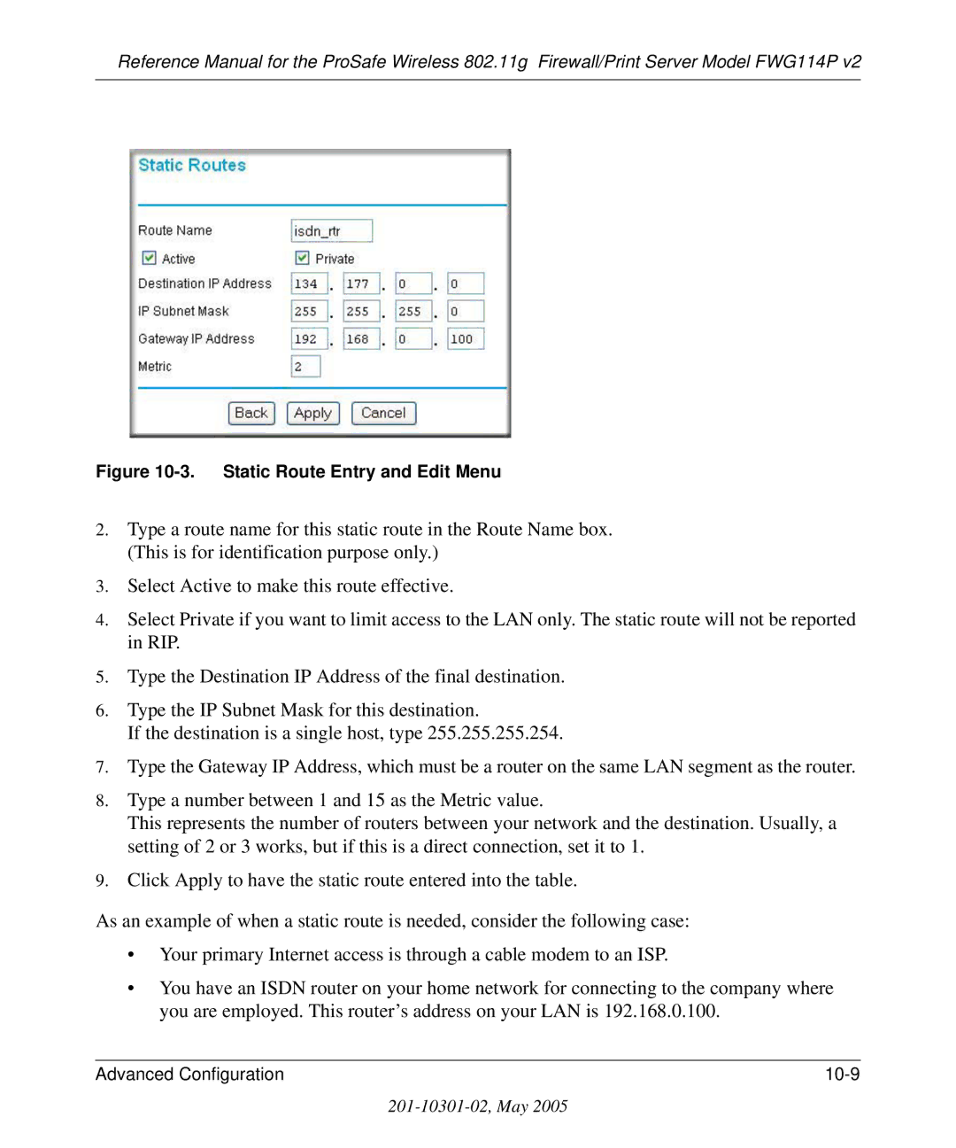 NETGEAR FWG114P v2 manual Static Route Entry and Edit Menu 