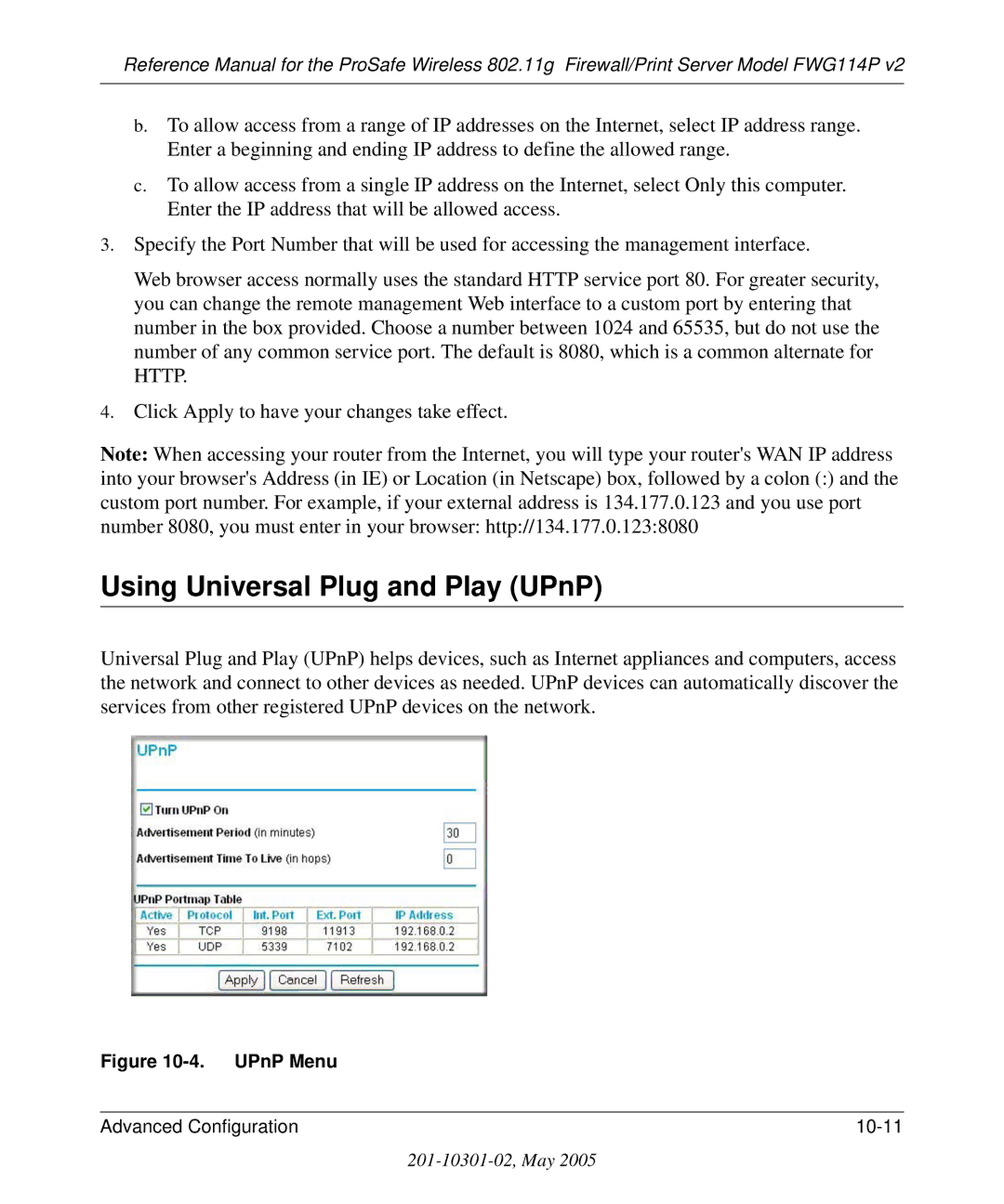 NETGEAR FWG114P v2 manual Using Universal Plug and Play UPnP, UPnP Menu 