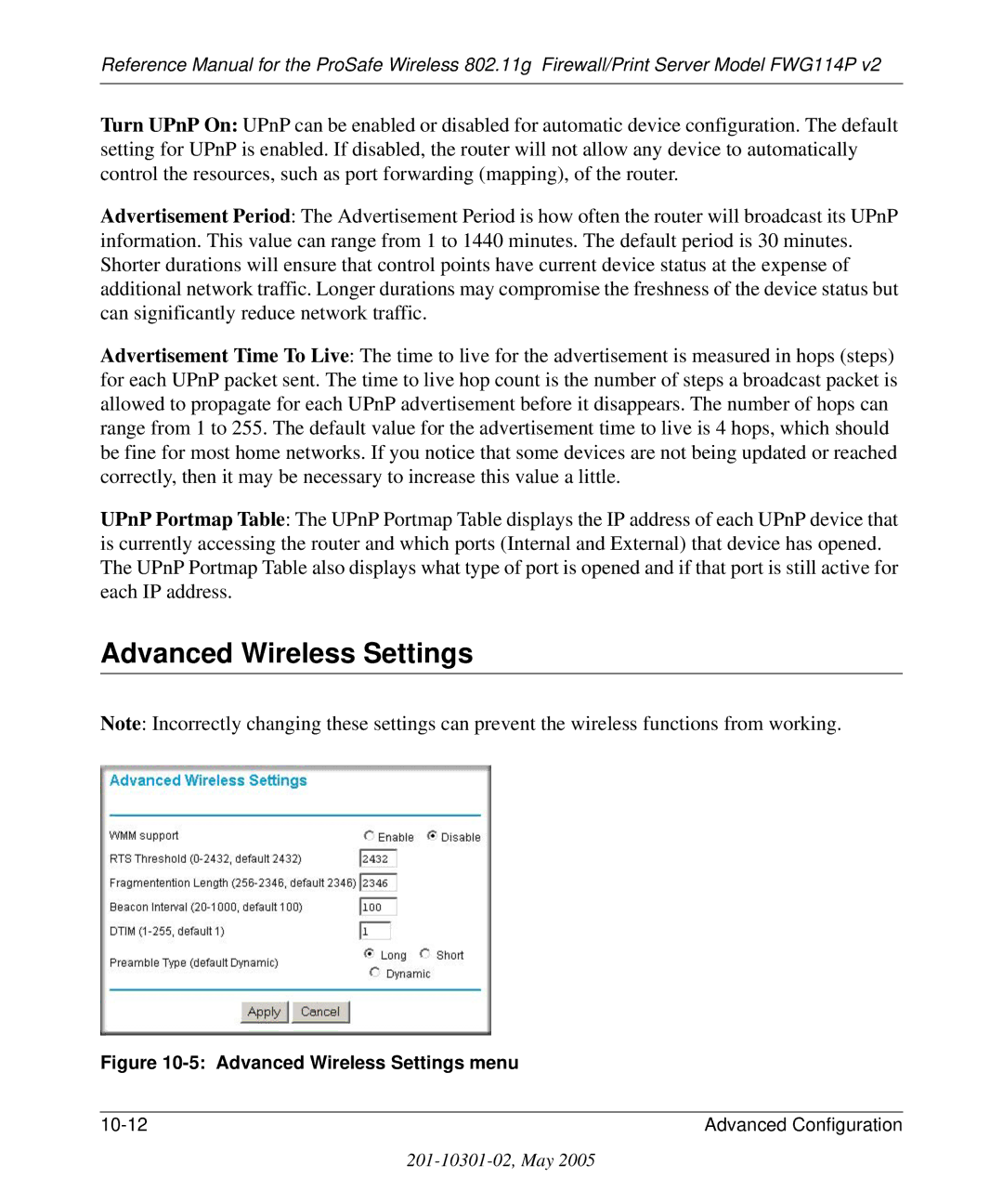 NETGEAR FWG114P v2 manual Advanced Wireless Settings menu 