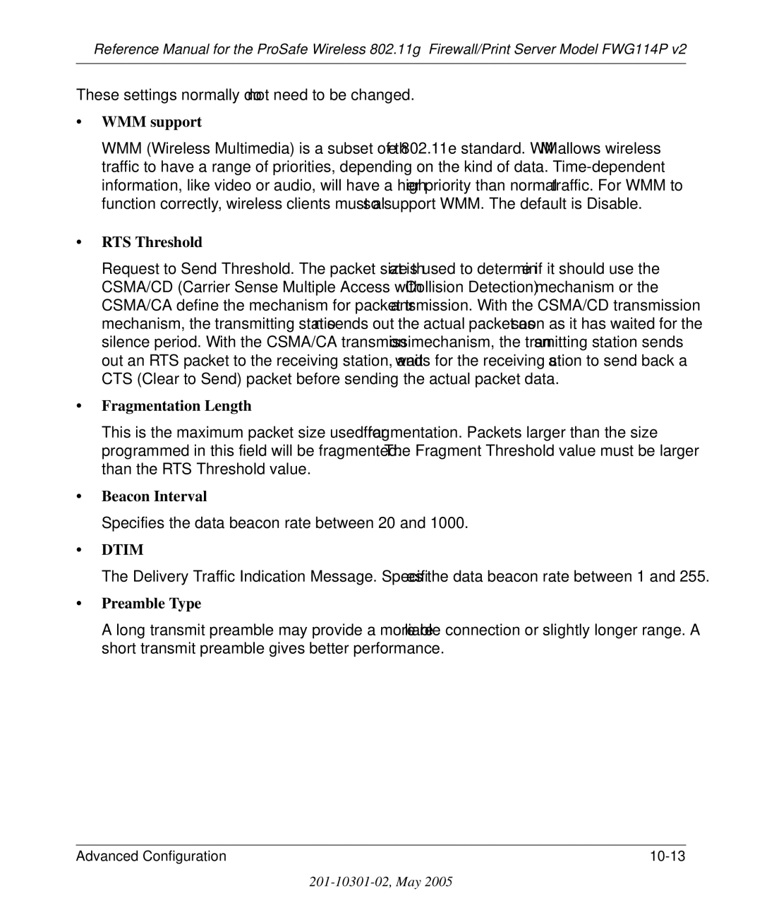 NETGEAR FWG114P v2 manual WMM support, RTS Threshold, Fragmentation Length, Beacon Interval, Preamble Type 