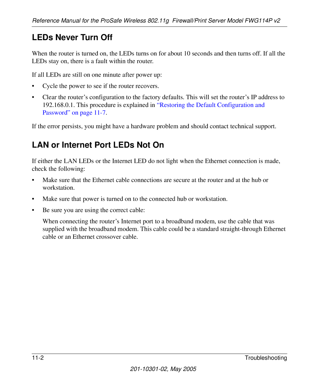 NETGEAR FWG114P v2 manual LEDs Never Turn Off, LAN or Internet Port LEDs Not On 