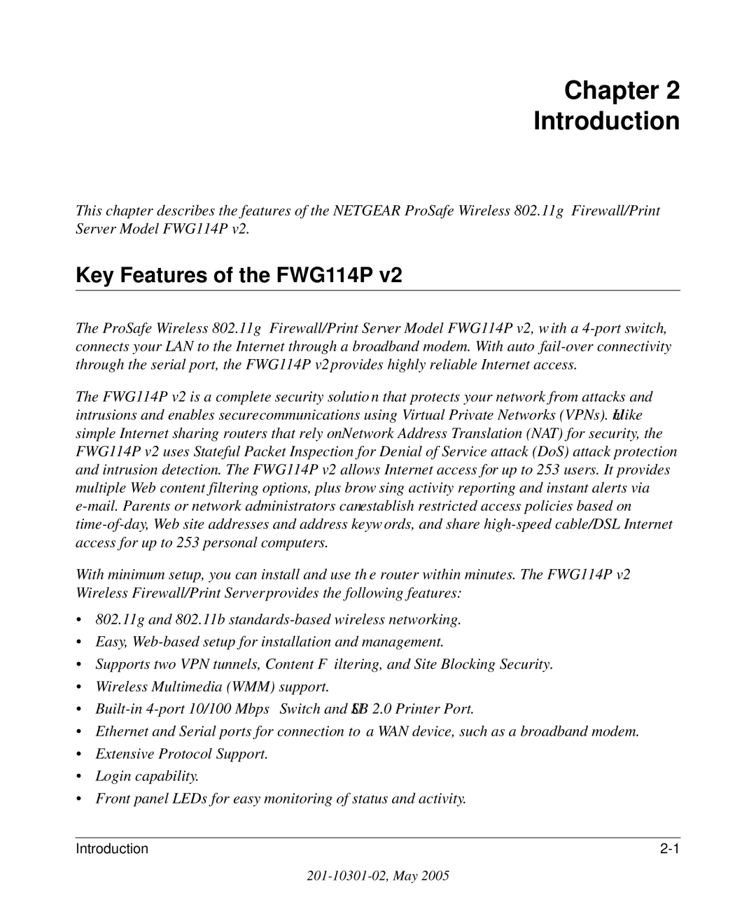 NETGEAR FWG114P v2 manual Chapter Introduction, Key Features of the FWG114P 