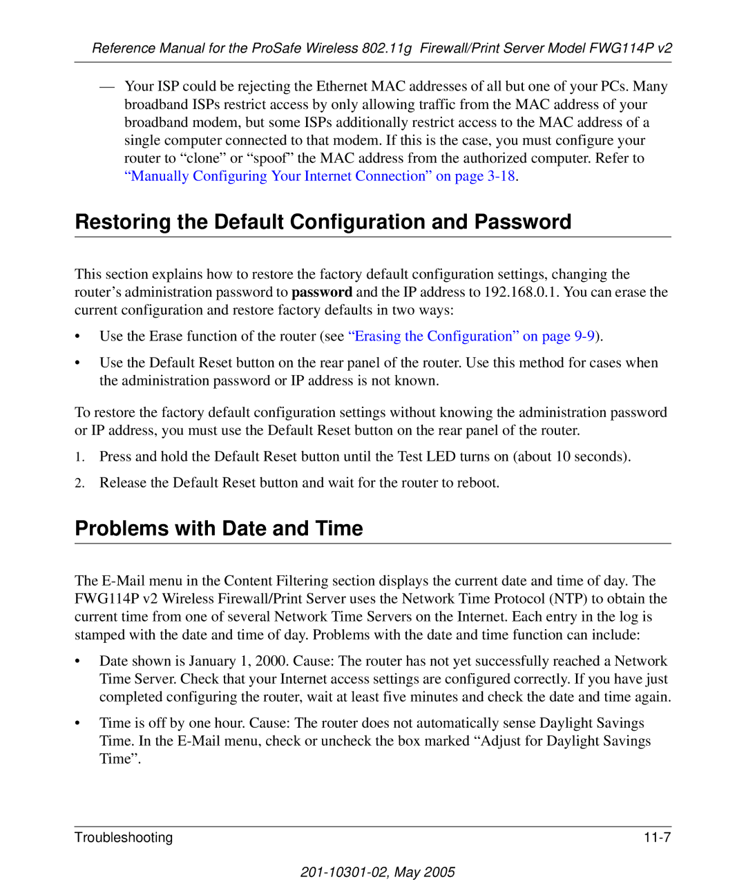 NETGEAR FWG114P v2 manual Restoring the Default Configuration and Password, Problems with Date and Time 