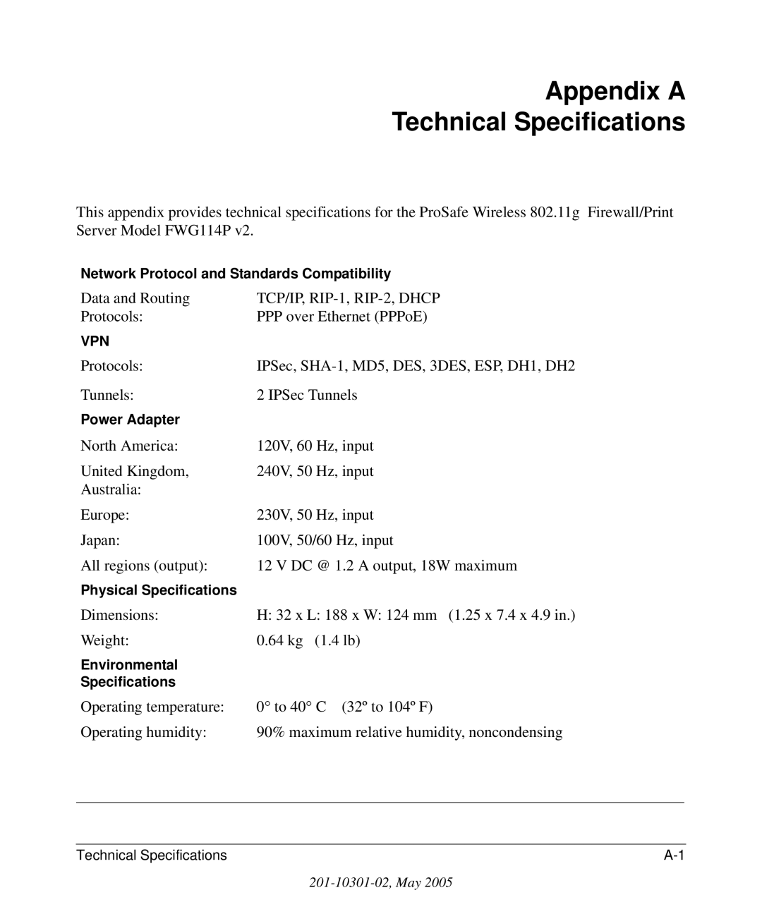 NETGEAR FWG114P v2 manual Appendix a Technical Specifications, Data and Routing, Protocols PPP over Ethernet PPPoE 