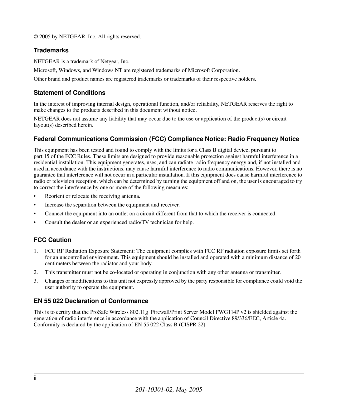 NETGEAR FWG114P v2 manual Trademarks, Statement of Conditions, FCC Caution, EN 55 022 Declaration of Conformance 