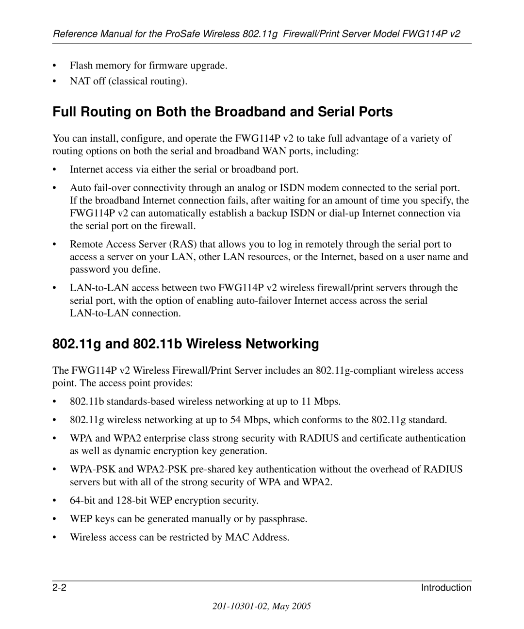 NETGEAR FWG114P v2 manual Full Routing on Both the Broadband and Serial Ports, 802.11g and 802.11b Wireless Networking 