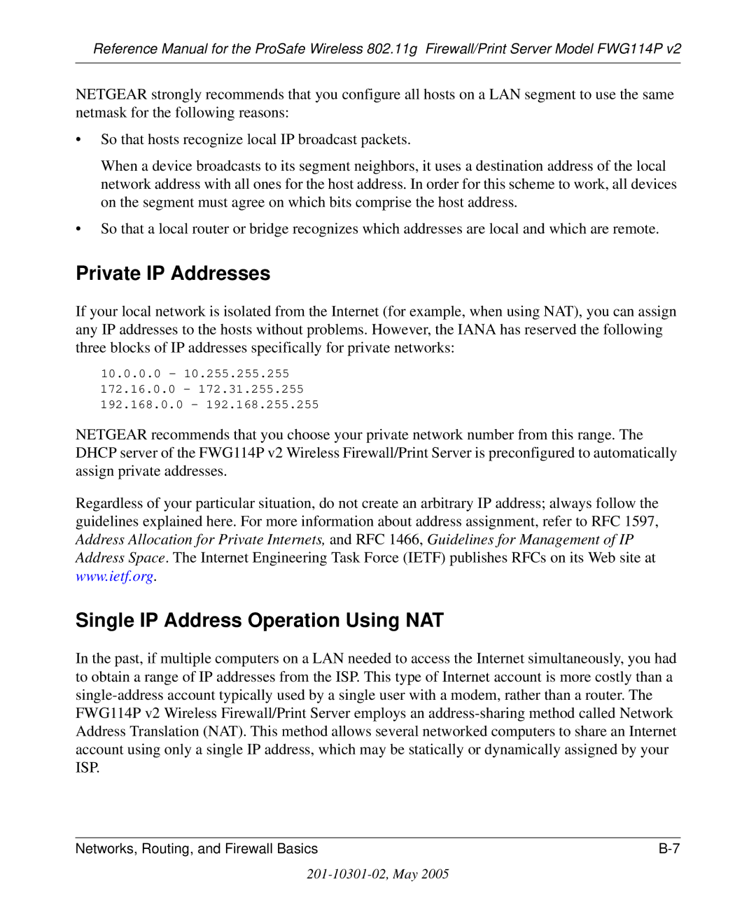 NETGEAR FWG114P v2 manual Private IP Addresses, Single IP Address Operation Using NAT 