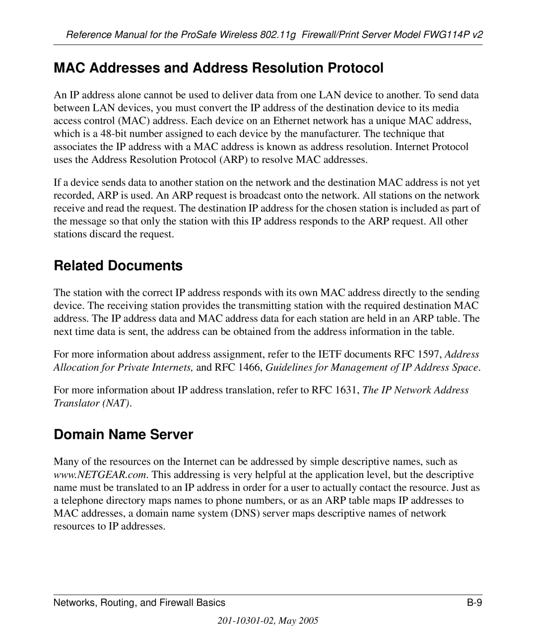 NETGEAR FWG114P v2 manual MAC Addresses and Address Resolution Protocol, Related Documents, Domain Name Server 