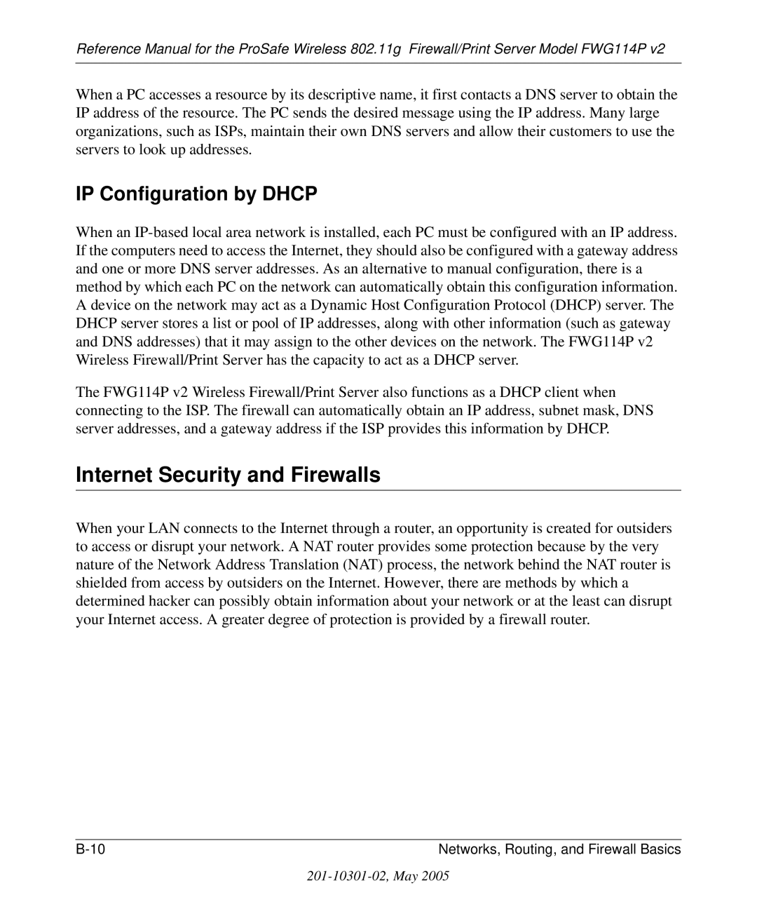 NETGEAR FWG114P v2 manual Internet Security and Firewalls, IP Configuration by Dhcp 