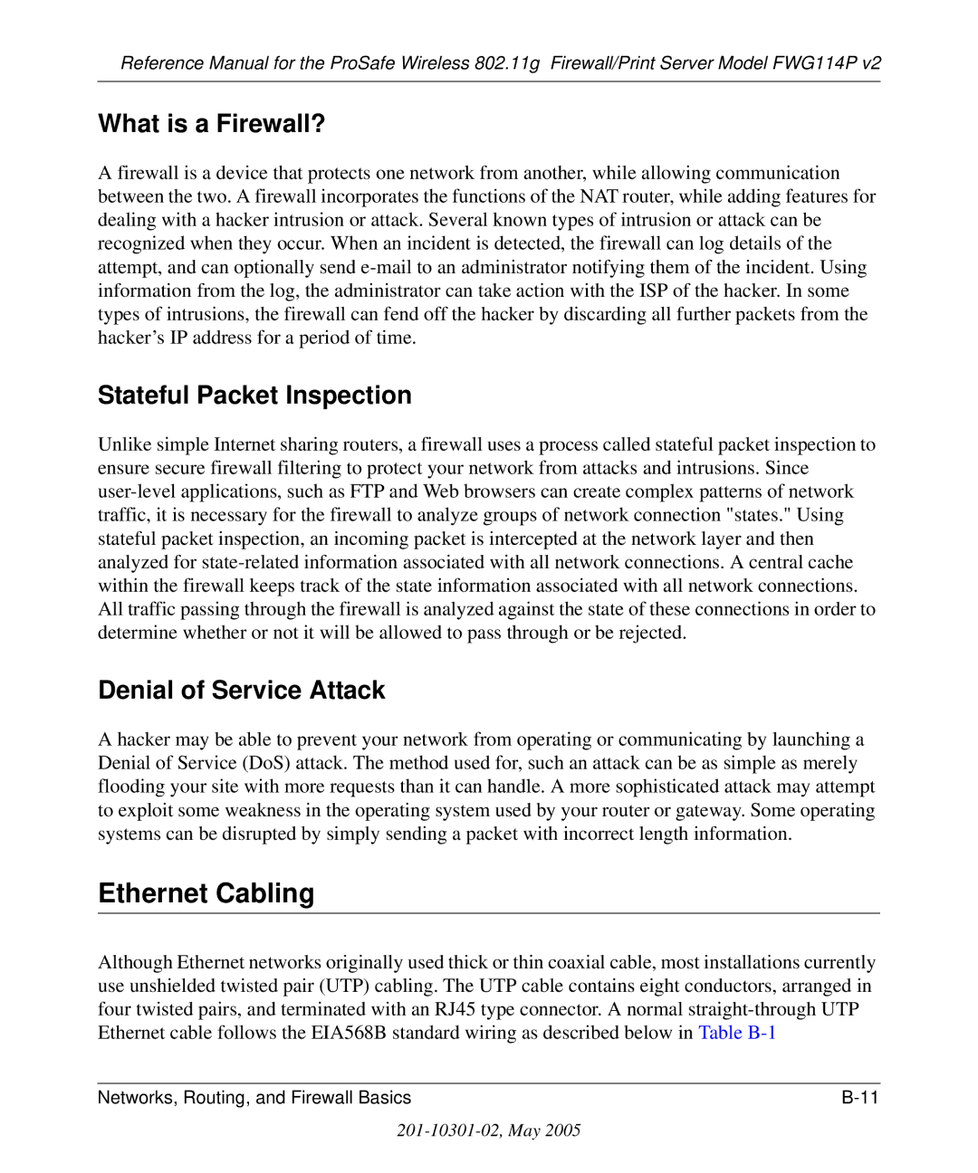 NETGEAR FWG114P v2 manual Ethernet Cabling, What is a Firewall?, Stateful Packet Inspection, Denial of Service Attack 