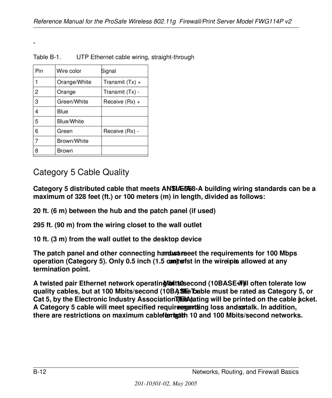 NETGEAR FWG114P v2 manual Category 5 Cable Quality, Table B-1 UTP Ethernet cable wiring, straight-through 