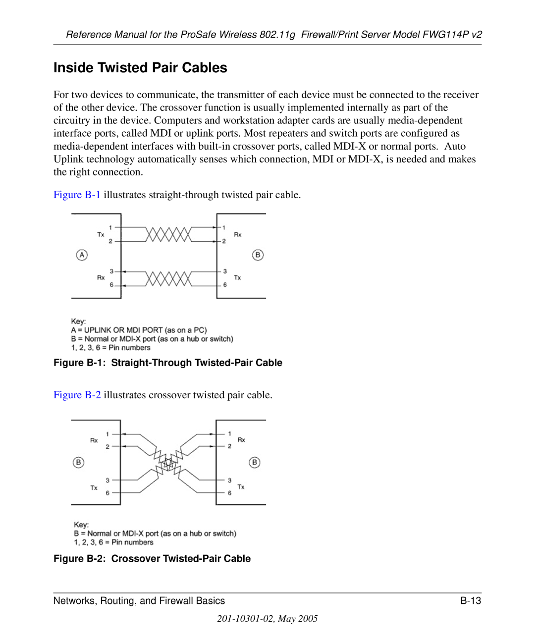 NETGEAR FWG114P v2 manual Inside Twisted Pair Cables, Figure B-1illustrates straight-through twisted pair cable 