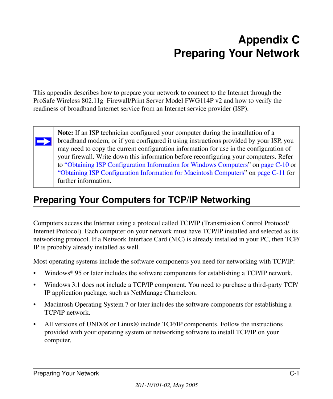 NETGEAR FWG114P v2 manual Appendix C Preparing Your Network, Preparing Your Computers for TCP/IP Networking 