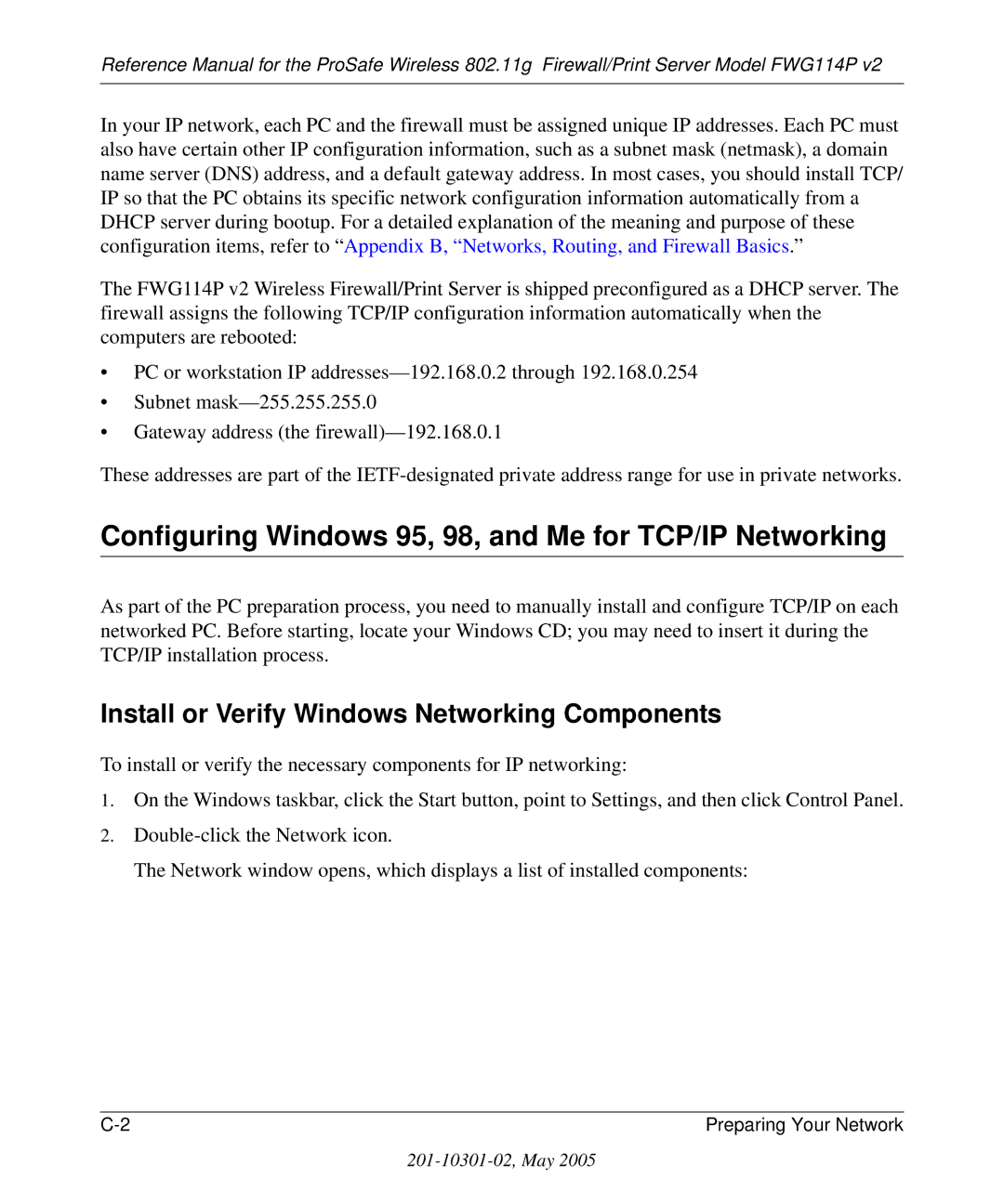 NETGEAR FWG114P v2 manual Configuring Windows 95, 98, and Me for TCP/IP Networking 