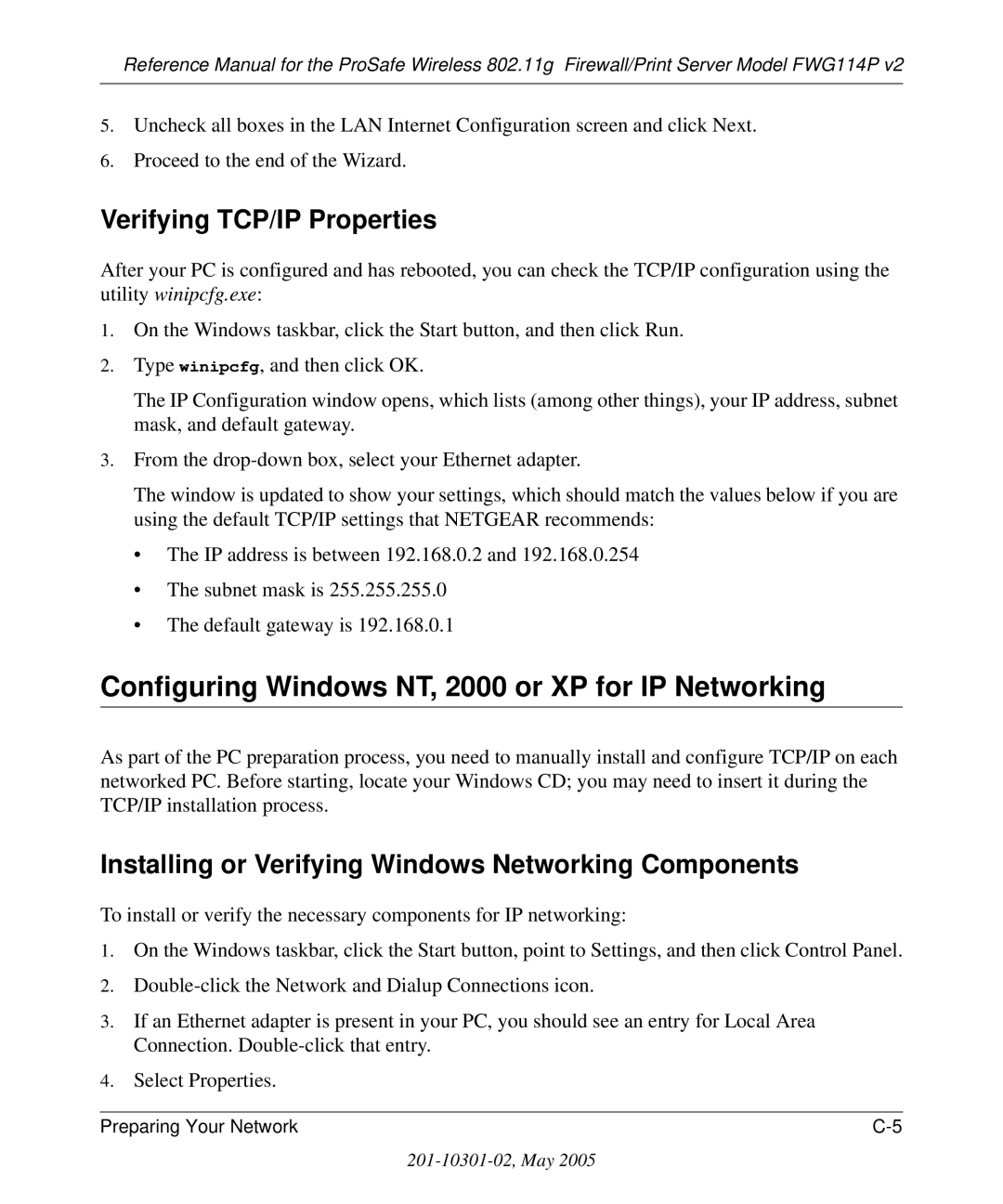 NETGEAR FWG114P v2 manual Configuring Windows NT, 2000 or XP for IP Networking, Verifying TCP/IP Properties 