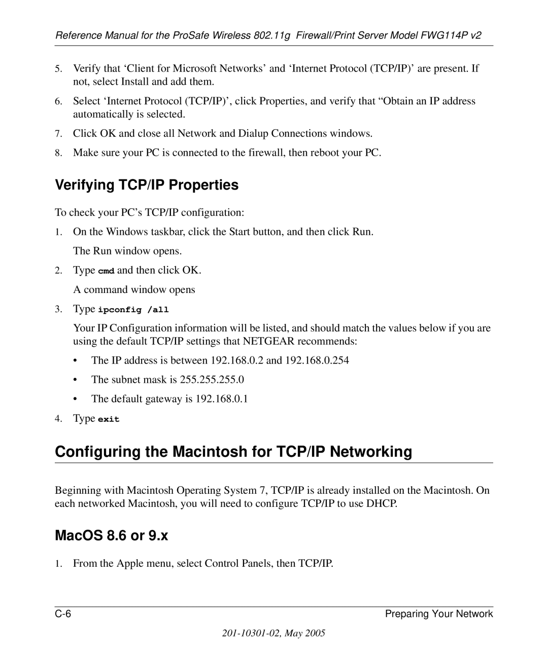 NETGEAR FWG114P v2 manual Configuring the Macintosh for TCP/IP Networking, MacOS 8.6 or 