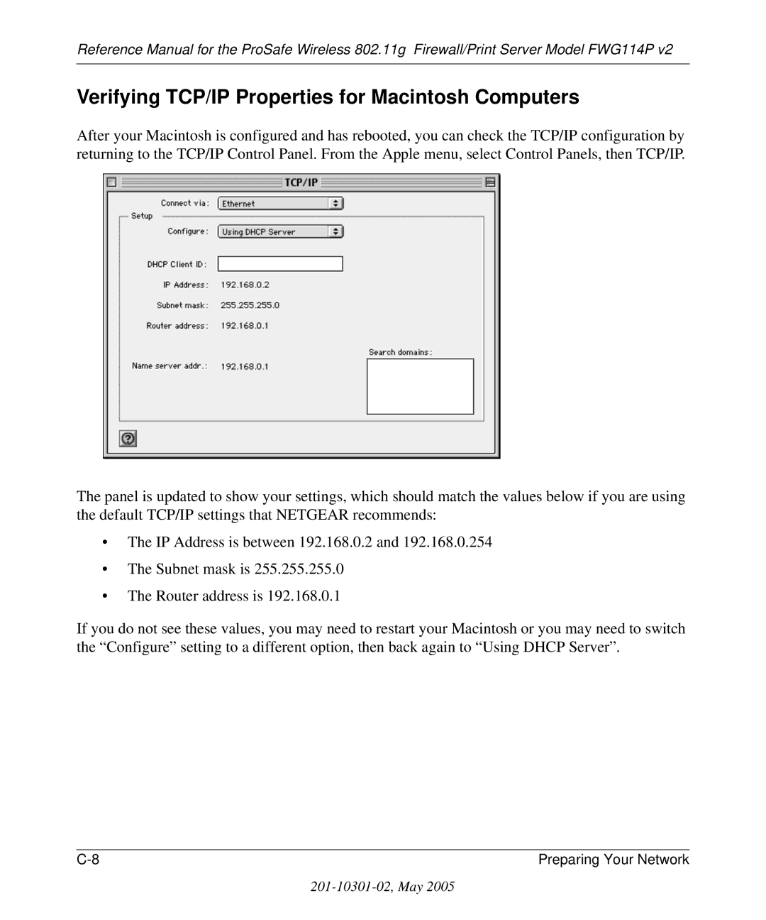 NETGEAR FWG114P v2 manual Verifying TCP/IP Properties for Macintosh Computers 