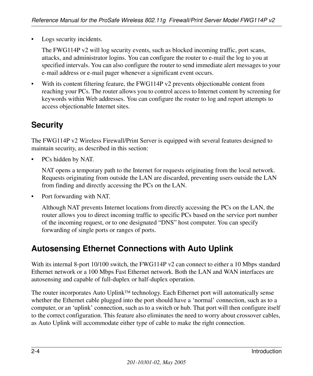 NETGEAR FWG114P v2 manual Security, Autosensing Ethernet Connections with Auto Uplink 