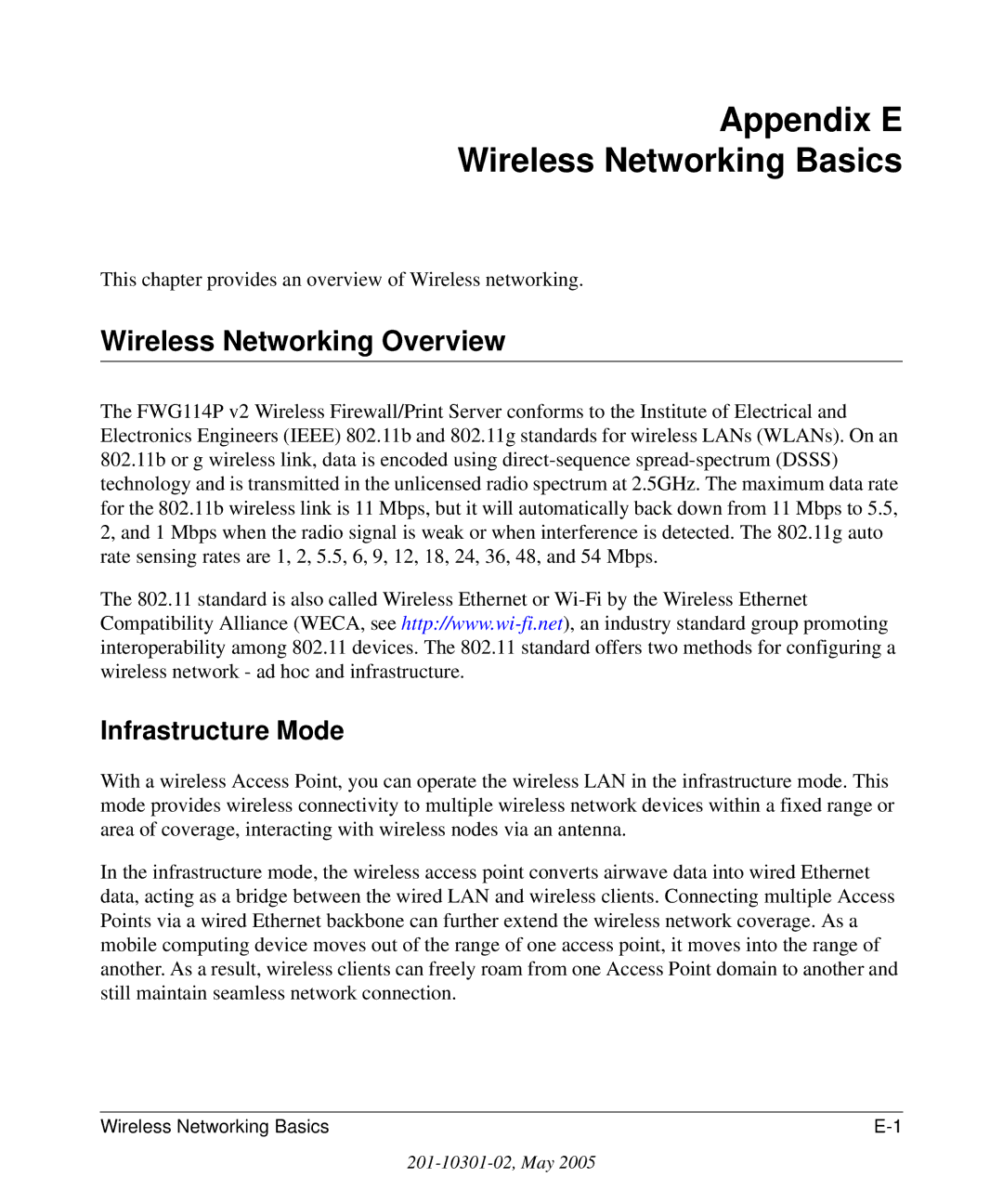 NETGEAR FWG114P v2 manual Appendix E Wireless Networking Basics, Wireless Networking Overview, Infrastructure Mode 