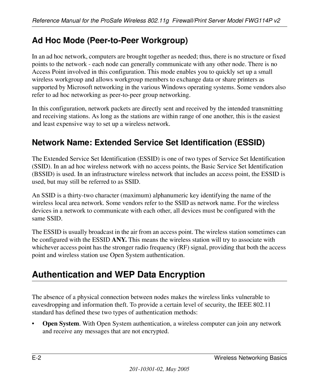 NETGEAR FWG114P v2 manual Authentication and WEP Data Encryption, Ad Hoc Mode Peer-to-Peer Workgroup 