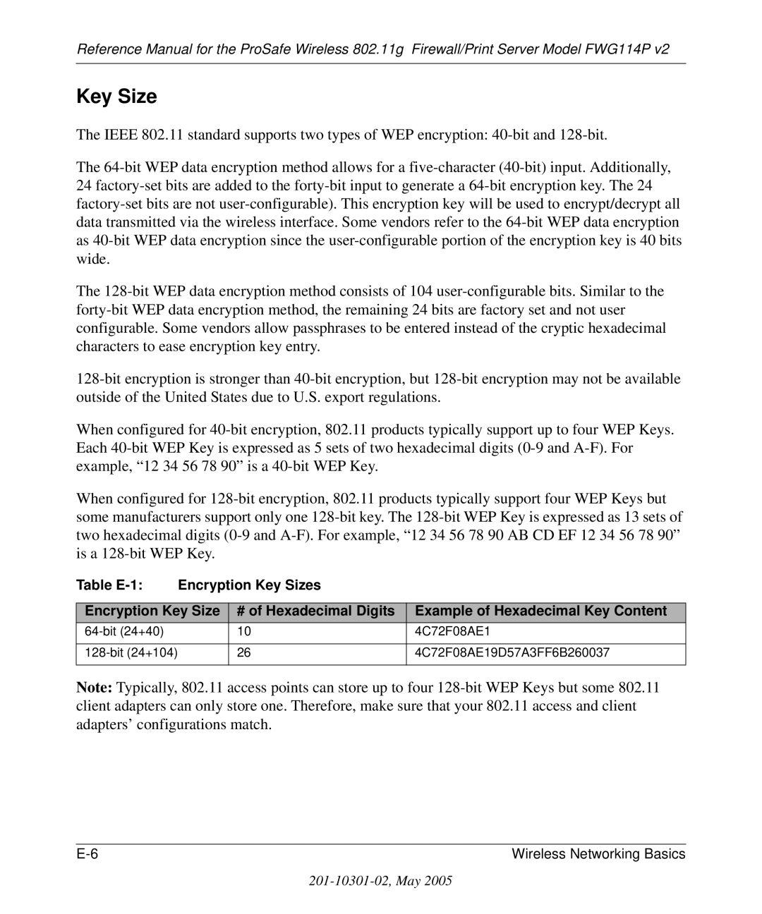 NETGEAR FWG114P v2 manual Key Size 