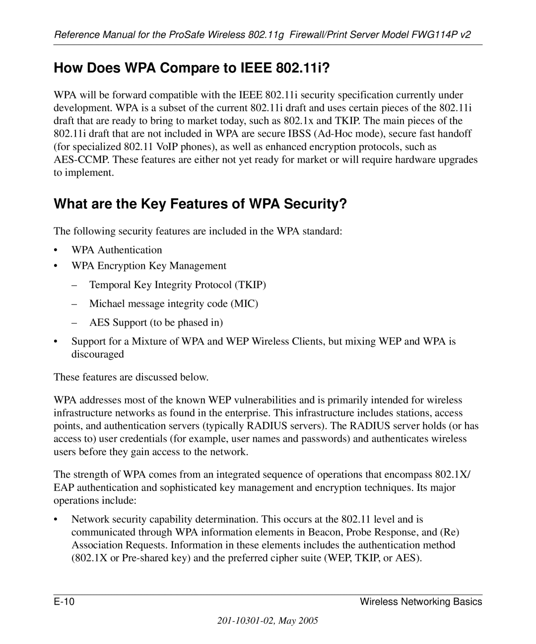 NETGEAR FWG114P v2 manual How Does WPA Compare to Ieee 802.11i?, What are the Key Features of WPA Security? 