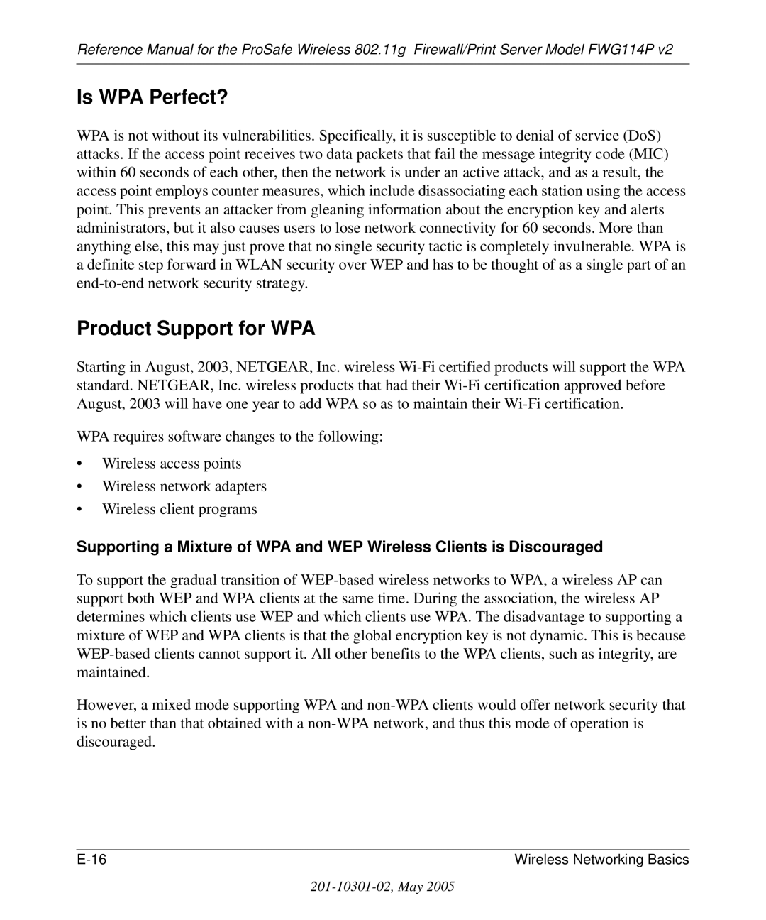 NETGEAR FWG114P v2 manual Is WPA Perfect?, Product Support for WPA 