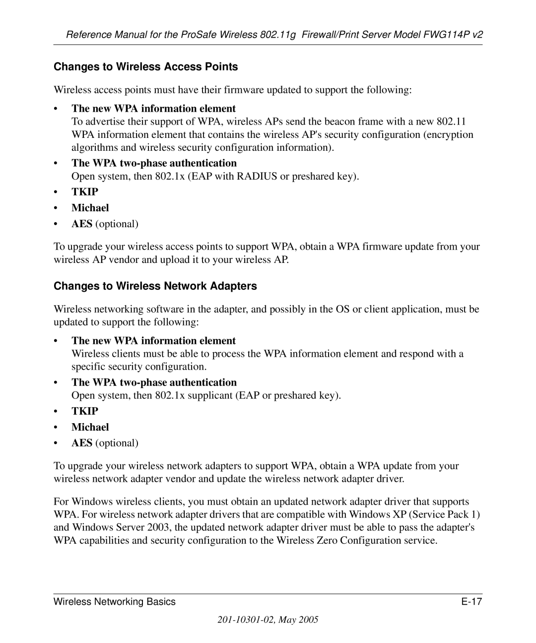 NETGEAR FWG114P v2 manual New WPA information element, WPA two-phase authentication, Michael 