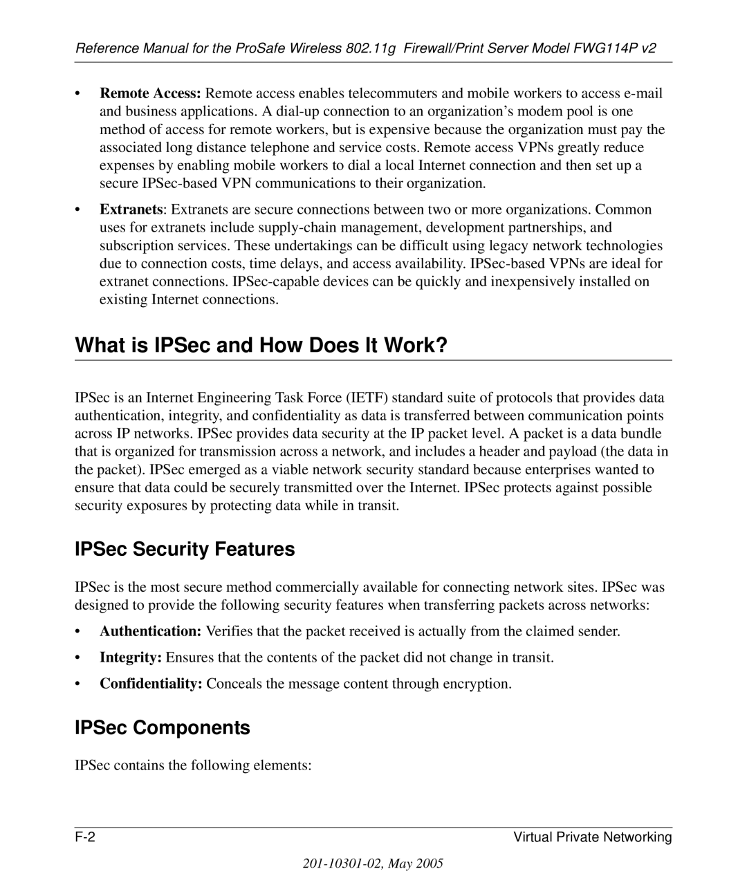 NETGEAR FWG114P v2 manual What is IPSec and How Does It Work?, IPSec Security Features, IPSec Components 