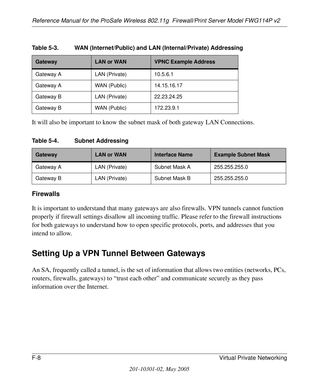 NETGEAR FWG114P v2 manual Setting Up a VPN Tunnel Between Gateways, WAN Internet/Public and LAN Internal/Private Addressing 