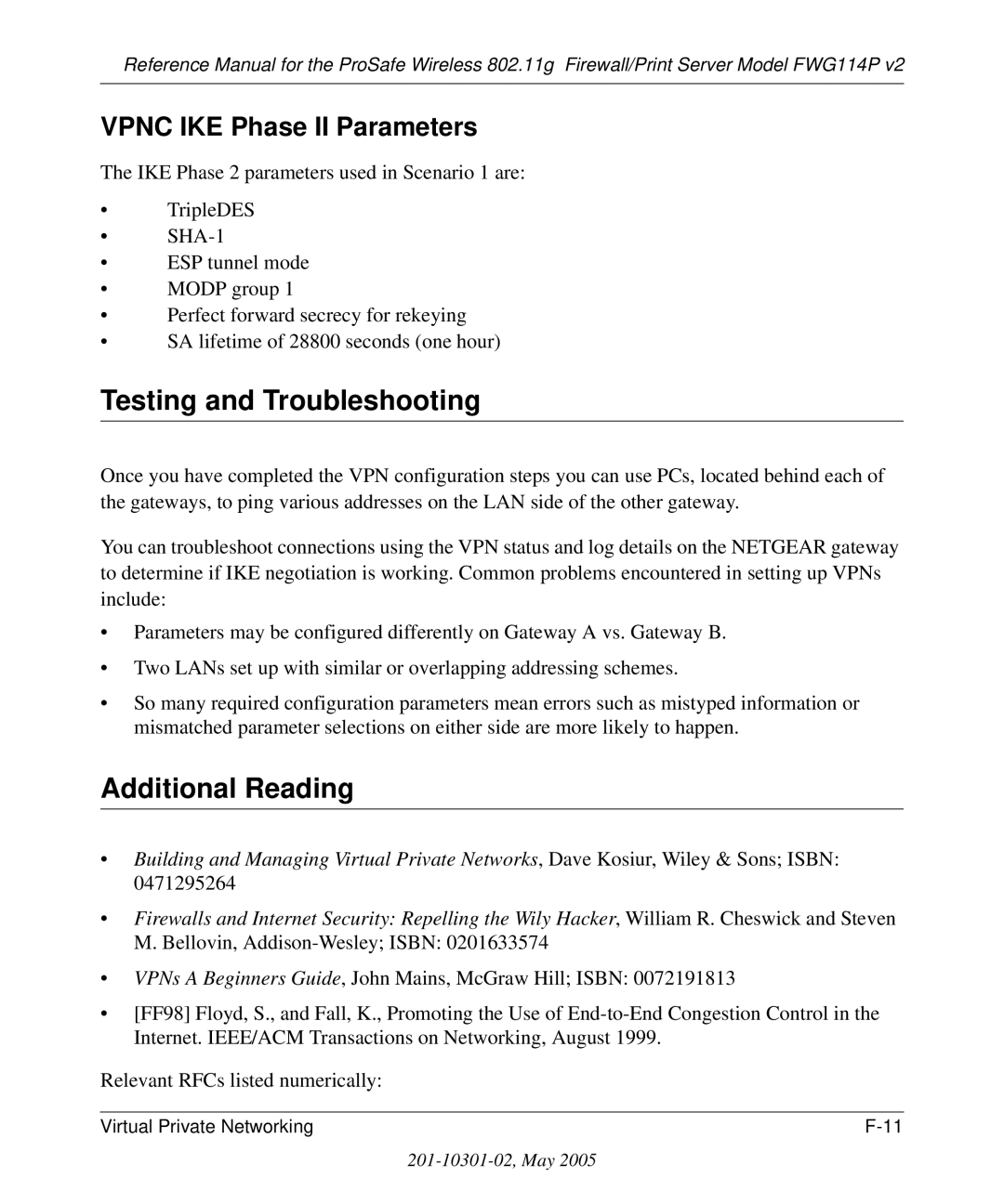 NETGEAR FWG114P v2 manual Testing and Troubleshooting, Additional Reading, Vpnc IKE Phase II Parameters 