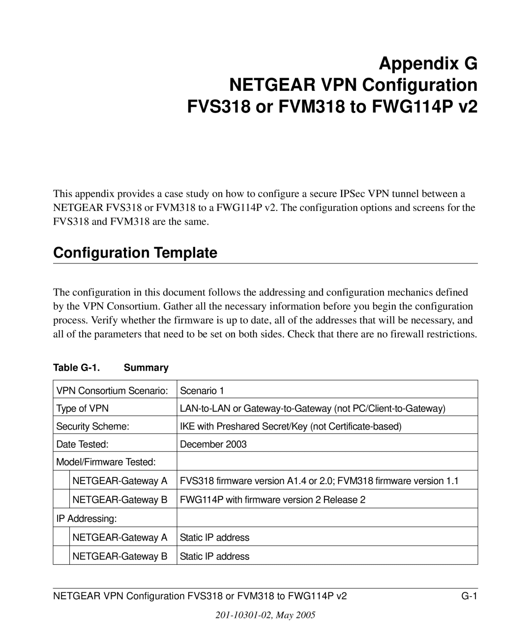 NETGEAR FWG114P v2 manual Configuration Template, Table G-1 Summary 