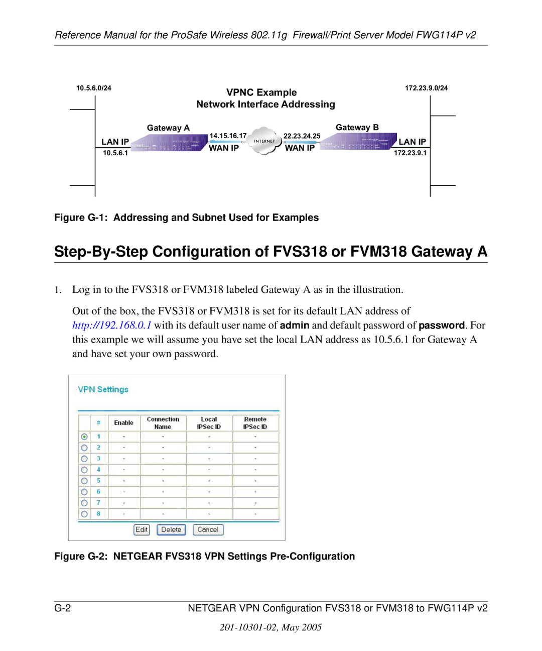 NETGEAR FWG114P v2 manual Log in to, Figure G-2 Netgear FVS318 VPN Settings Pre-Configuration 