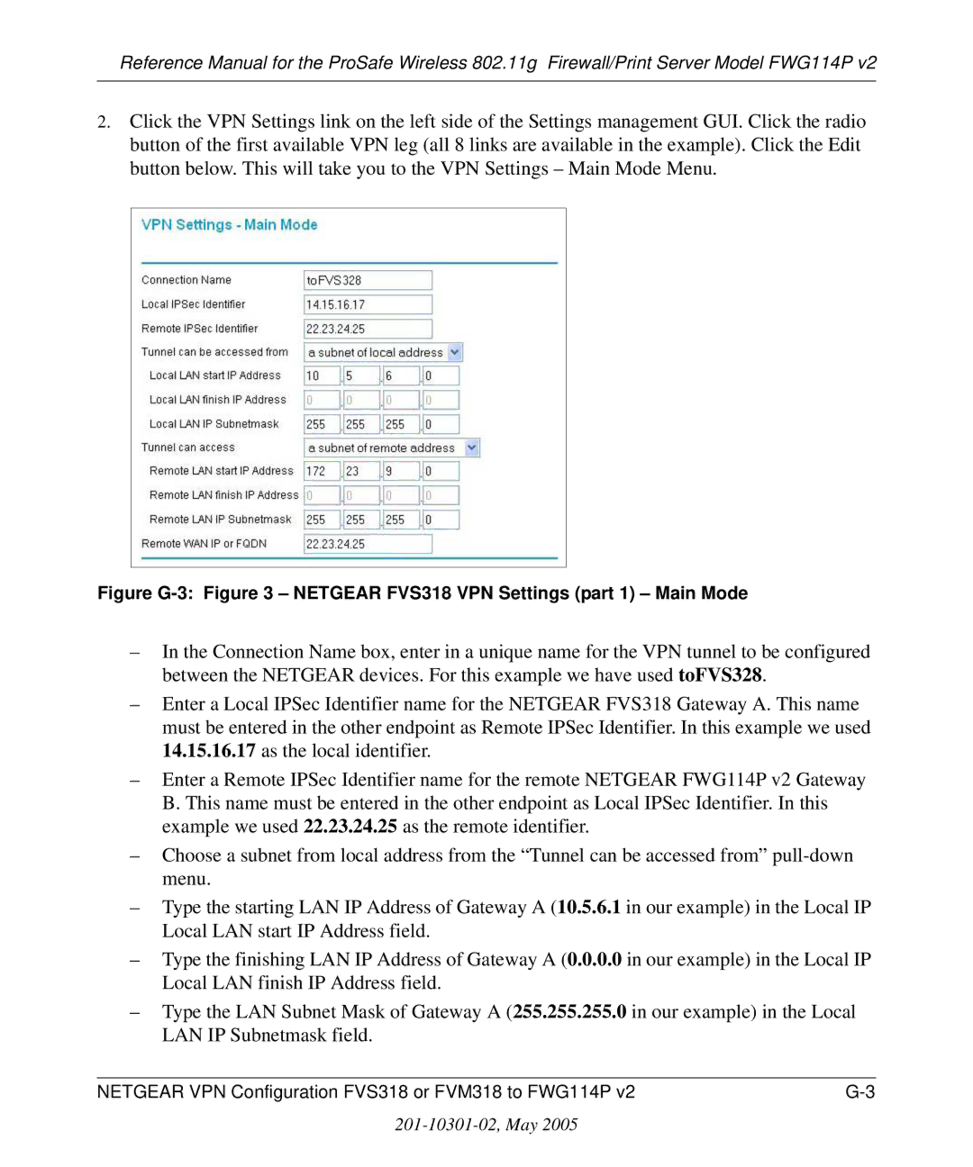 NETGEAR FWG114P v2 manual Figure G-3 Netgear FVS318 VPN Settings part 1 Main Mode 