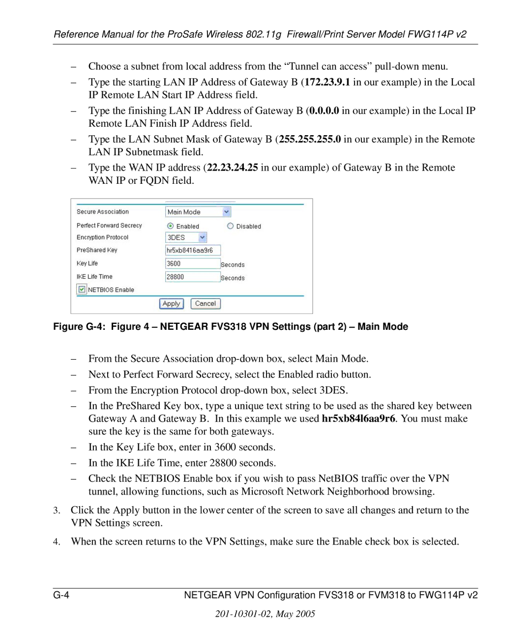 NETGEAR FWG114P v2 manual Figure G-4 Netgear FVS318 VPN Settings part 2 Main Mode 