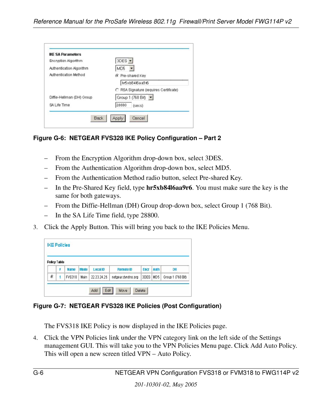 NETGEAR FWG114P v2 manual Figure G-6 Netgear FVS328 IKE Policy Configuration Part 