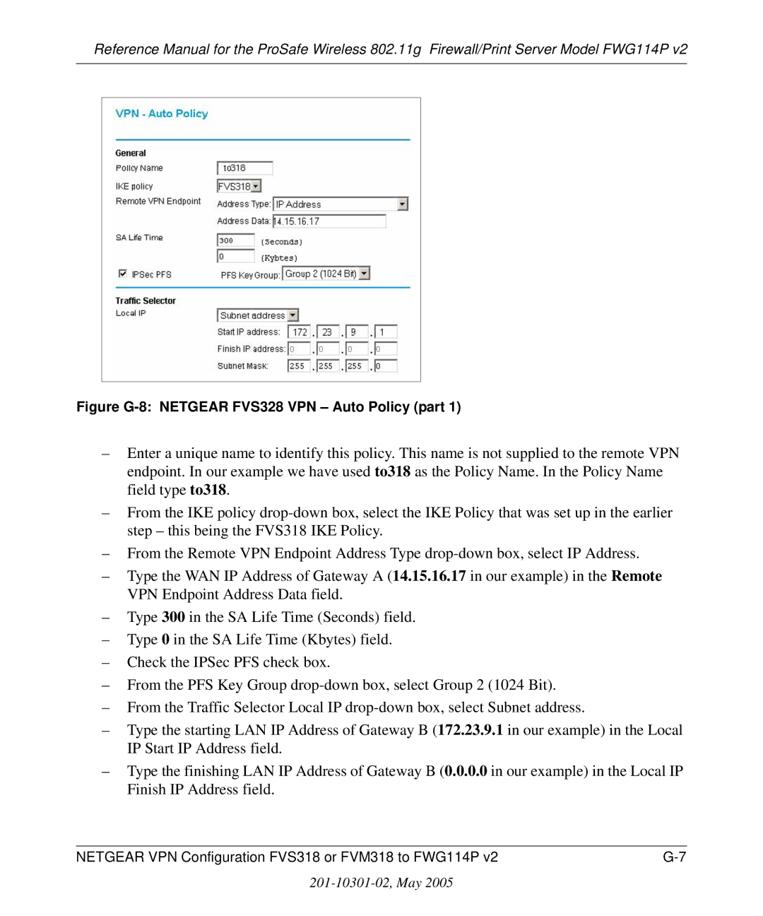 NETGEAR FWG114P v2 manual Figure G-8 Netgear FVS328 VPN Auto Policy part 