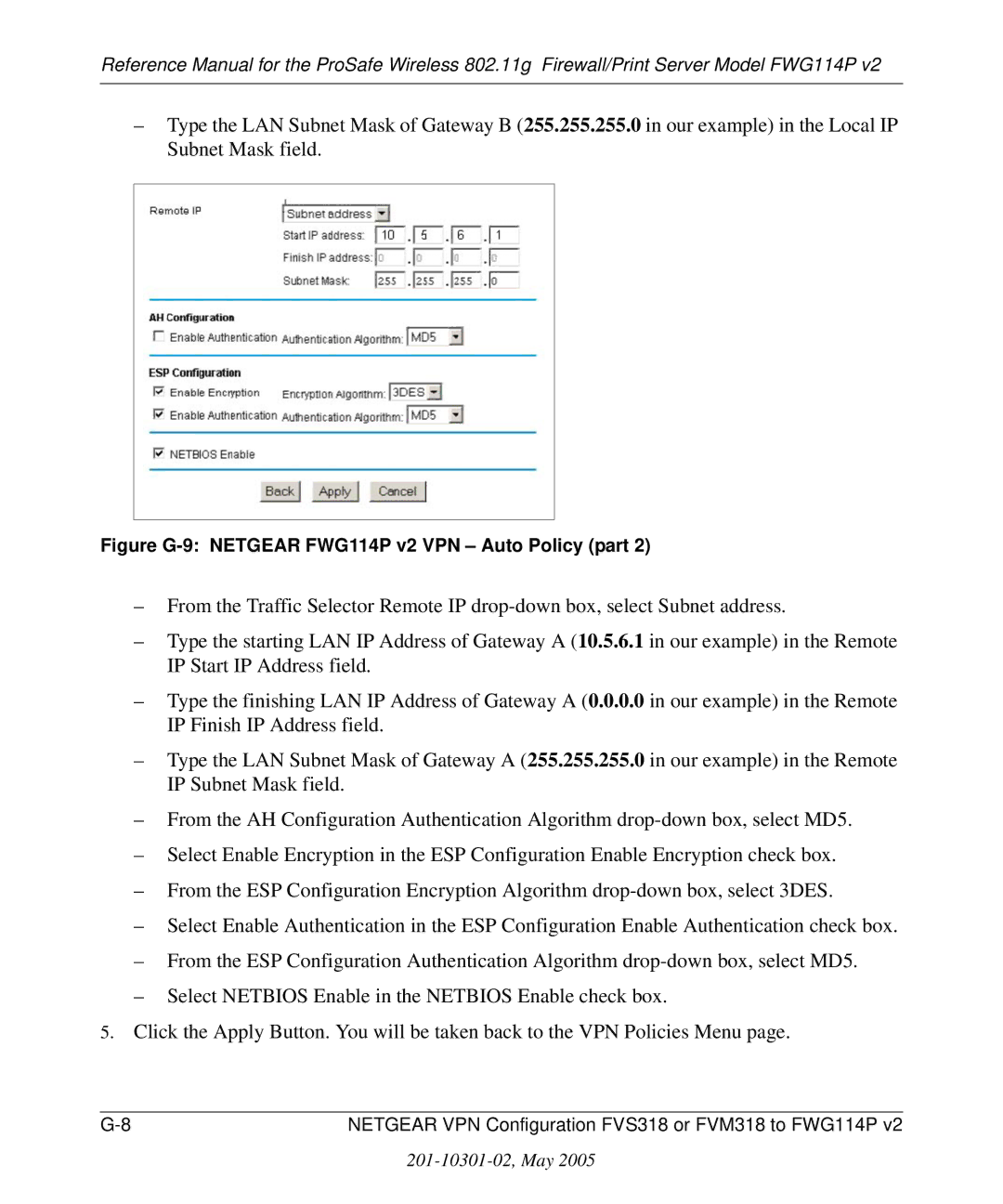 NETGEAR manual Figure G-9 Netgear FWG114P v2 VPN Auto Policy part 