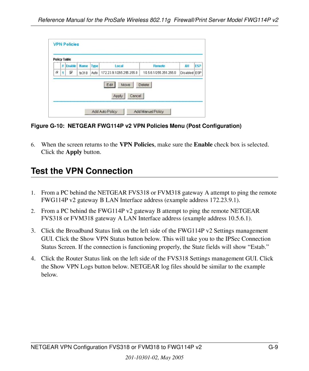 NETGEAR FWG114P v2 manual Test the VPN Connection 