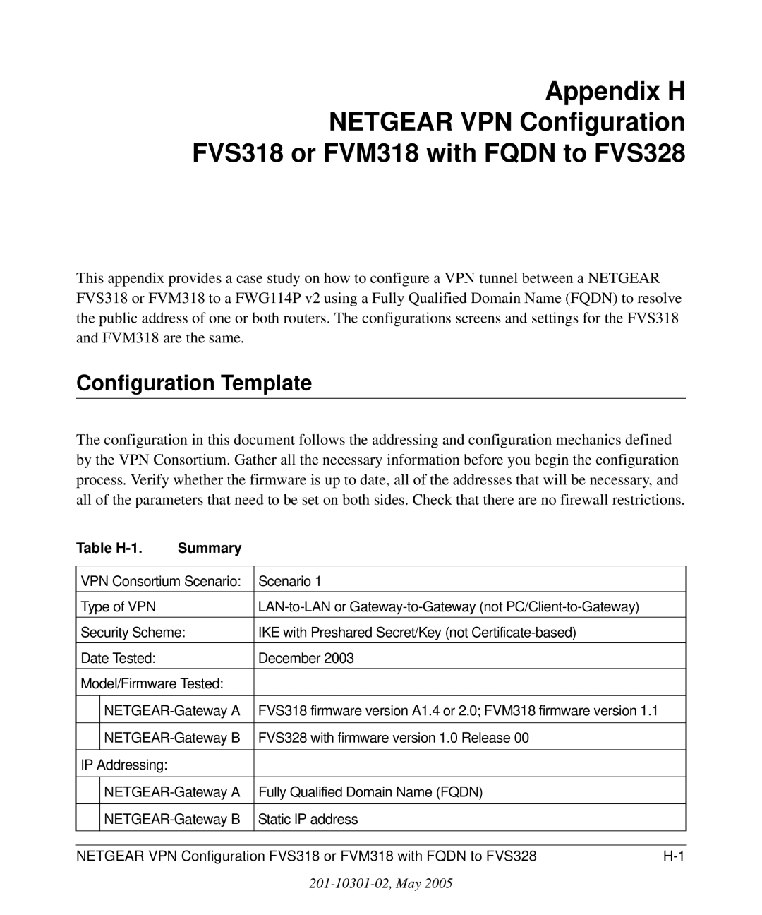 NETGEAR FWG114P v2 manual Configuration Template, Table H-1 Summary 